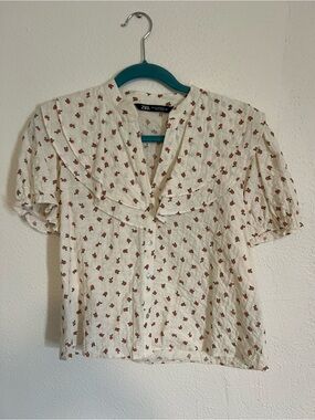 Zara Cream Blouse with Red Floral Print and Puff Sleeves